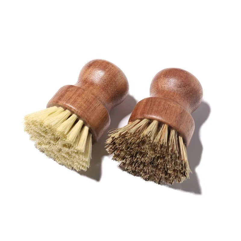 Acacia Wood Round Mini Dish Brush Natural Scrub Cleaning Brushes for Pots Pans & Vegetables Durable Palm Pot Scrubber