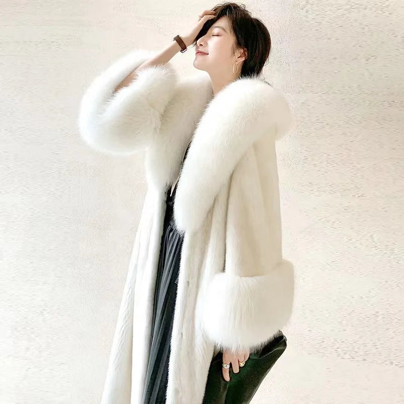 Winter Fashion 2021 Plus Size  Faux Mink Fur Trench Long Coat With Fur Lapel and Cuff Faux Fur Trim Jacket for Women Winter Coat
