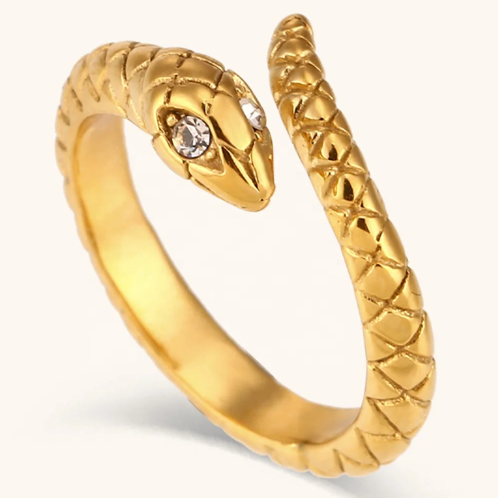 Dingran Wholesale Adjustable Snake Shape Rings 18k Gold Plated Stainless Steel Jewelry Waterproof Zircon Rings