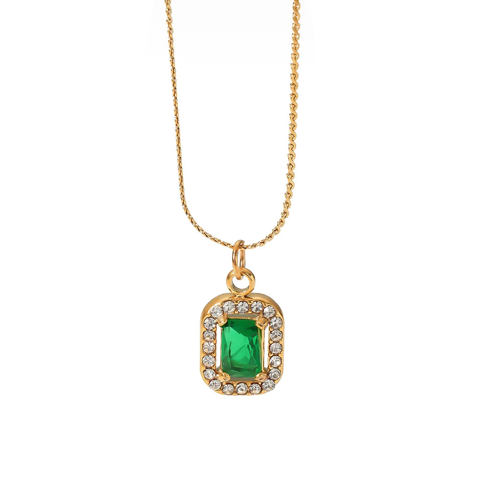 Luxury Jewelry Square Green Emerald Pendant Necklace 18k Gold Plated Crystal Diamond Gemstone Necklace for Gifts