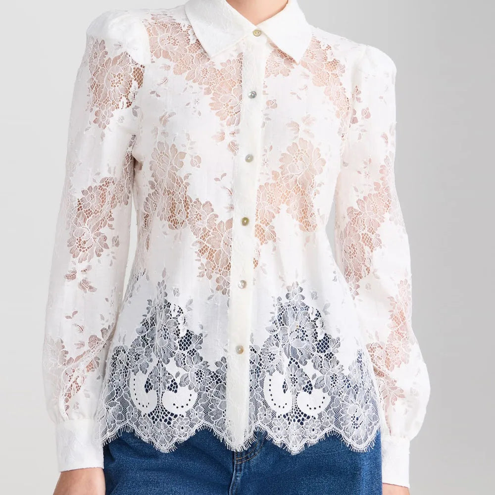 Manufacturer Lace Tops With Scalloped Hem Collared Neck Puff Sleeves Button Cuffs Semi Sheer Fall Blouse