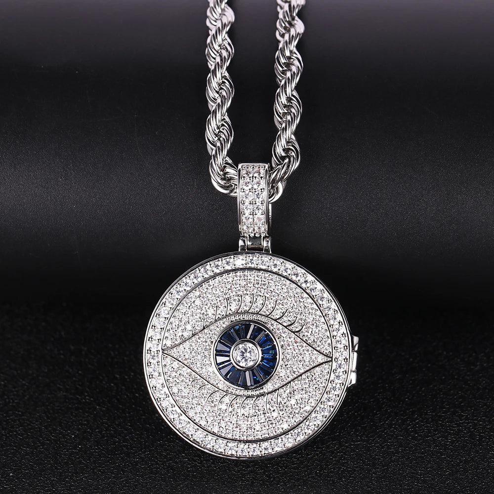 Hip Hop Accessory Eye of God Circular Photo Pendant with Zircon Inlay Trendy Flip Frame Pendant Necklace