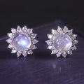 S45A Abiding Dainty Cute Halo Design Milky Blue Moonstone 925 Sterling Silver Sunflower Stud Earrings for Her Daily Wear