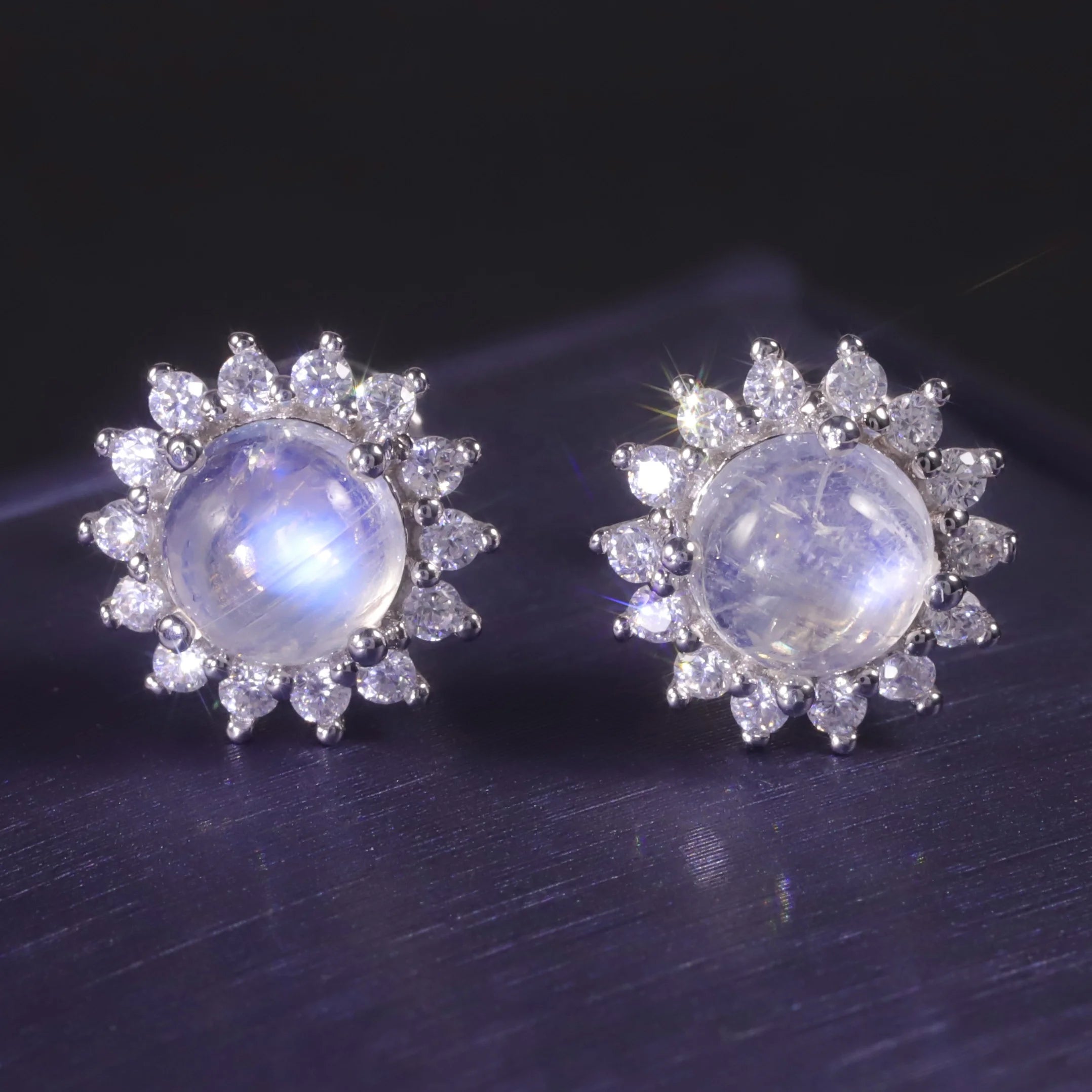 S45A Abiding Dainty Cute Halo Design Milky Blue Moonstone 925 Sterling Silver Sunflower Stud Earrings for Her Daily Wear