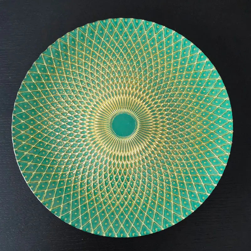 Gold and Green Peacock Pattern Glass Charger PlateGlass Bowl