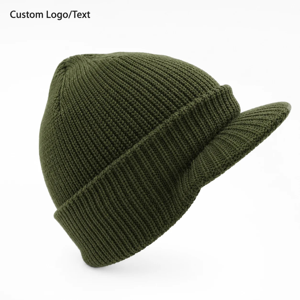 Acrylic Ribbed Knit Winter Brim Beanie Cap With Visor for Men
