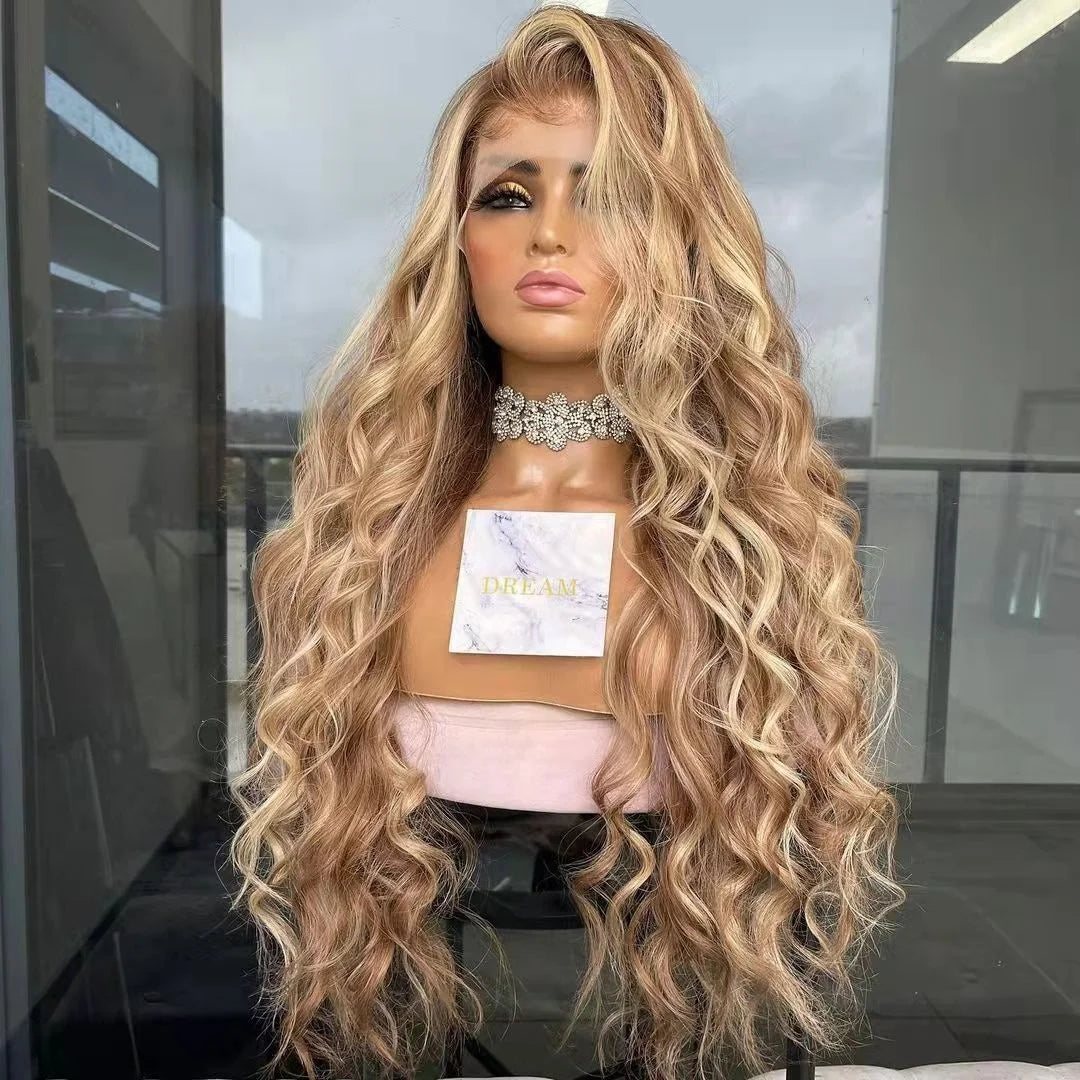 Customized Long Inches Loose Ocean Wave Honey Brown Highlight Virgin Peruvian Cuticle Aligned Hair Lace Front Wigs