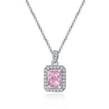 925 Silver Square Sparkle Halo Cubic Zirconia Necklace Light Pinnk Radiant Cut Pendant Necklace