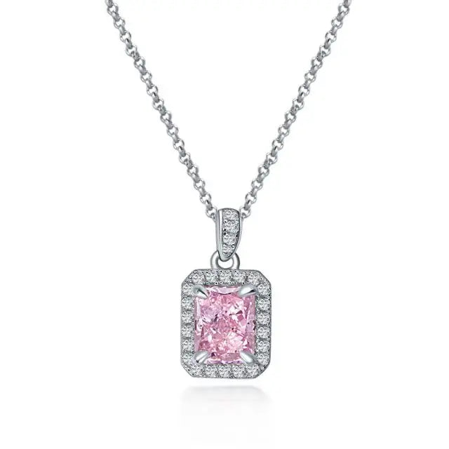 925 Silver Square Sparkle Halo Cubic Zirconia Necklace Light Pinnk Radiant Cut Pendant Necklace