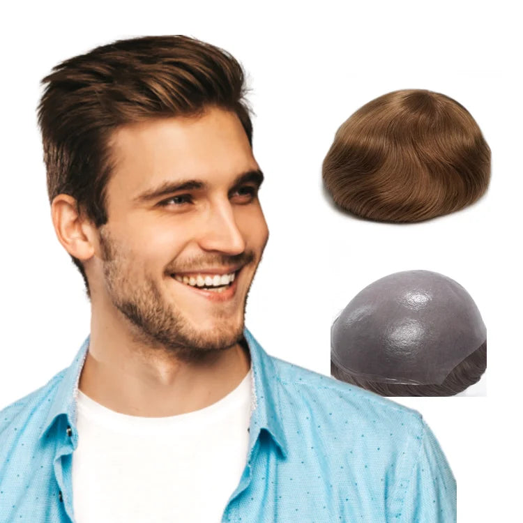 Super Thin 0.08mm clear Skin PU Wholesale Price Indian Remy Hair Natural Hairline Men Toupee