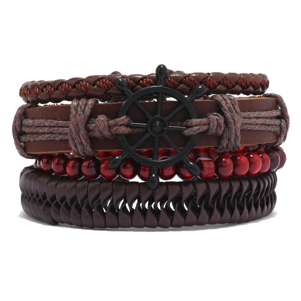 New Vintage Fashion Helm 4pcs Leather Braided Wrap Bracelets Wood Bead Bracelet for Men and Women