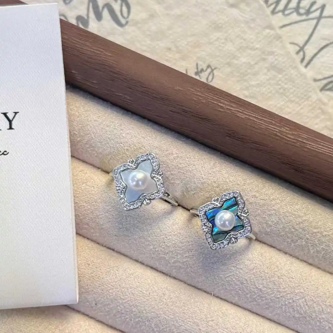 Natural Sea Water Abalone Shell Clover Ring with 5-6mm Natural White Bread Freshwater Pearl Ring for Girls