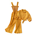Spring Autumn New Female Holiday Style Two-piece Suit Stand-up Collar Short Sleeve Cardigan  + Sling Pleated Wide-leg Jumpsuit
