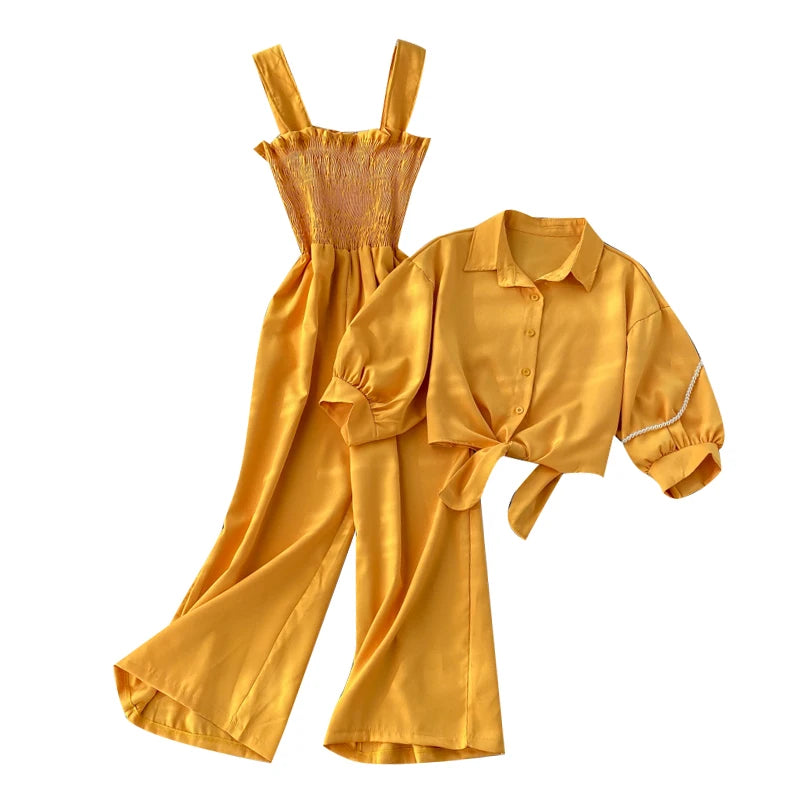 Spring Autumn New Female Holiday Style Two-piece Suit Stand-up Collar Short Sleeve Cardigan  + Sling Pleated Wide-leg Jumpsuit