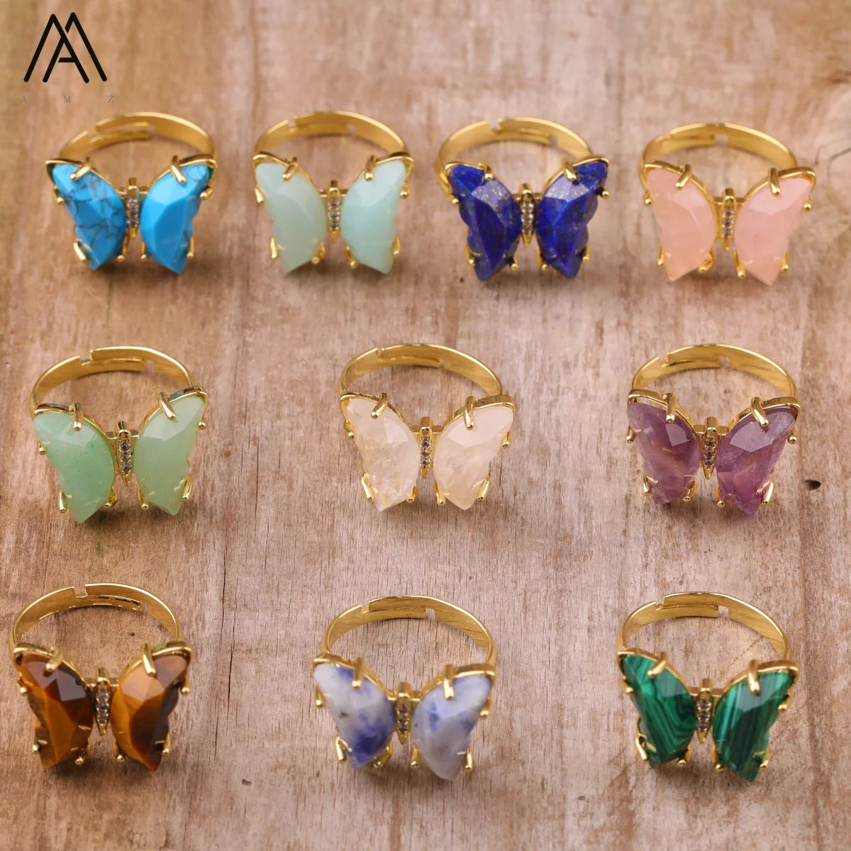 Butterfly Rings Fine Jewelry  Engagement Ring  Natural Stone Malachite Crystal Quartz for Women Girl Anniversary Gift