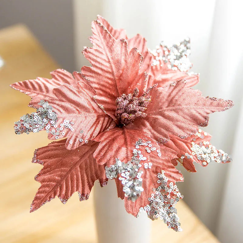 W06262 Wholesale Red Silver 25cm Silk Artificial Glitter Christmas Flowers for Christmas Tree Decorative