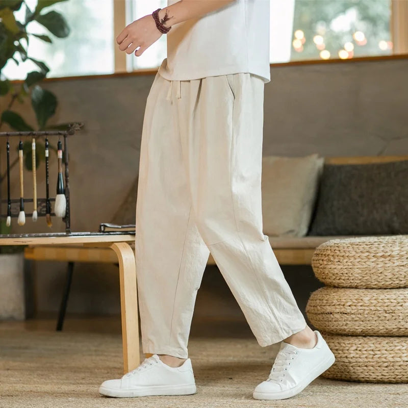 Liu Ming Hot Products Streetwear Men Slim Fit Casual Straight Cotton Linen Plus Size Solid Color Trousers