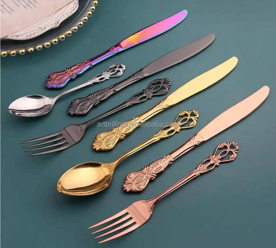 rainbow Black Gold Coloured Wholesale Cutlery Set with Similar Royal Court Design As Egg Cutlery