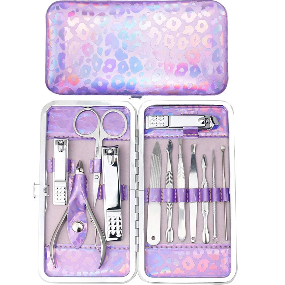 New Nail Clippers Kit Manicure Pedicure Set with Holographic Case Manicure Tool Kit (Purple)