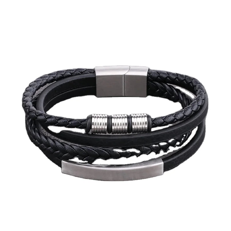 Factory Wholesale Simple Stainless Steel Jewelry Hip Hop Mens Leather Bracelet