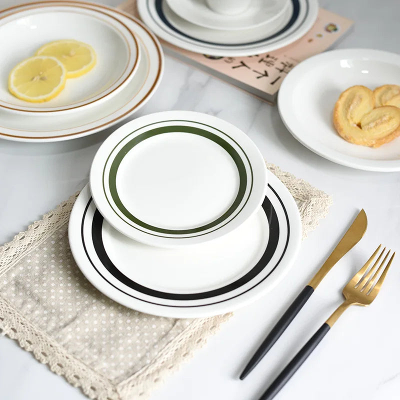 Thick Retro Line 8 Inch Ceramic Plate Creative Simple Dessert Breakfast Plate