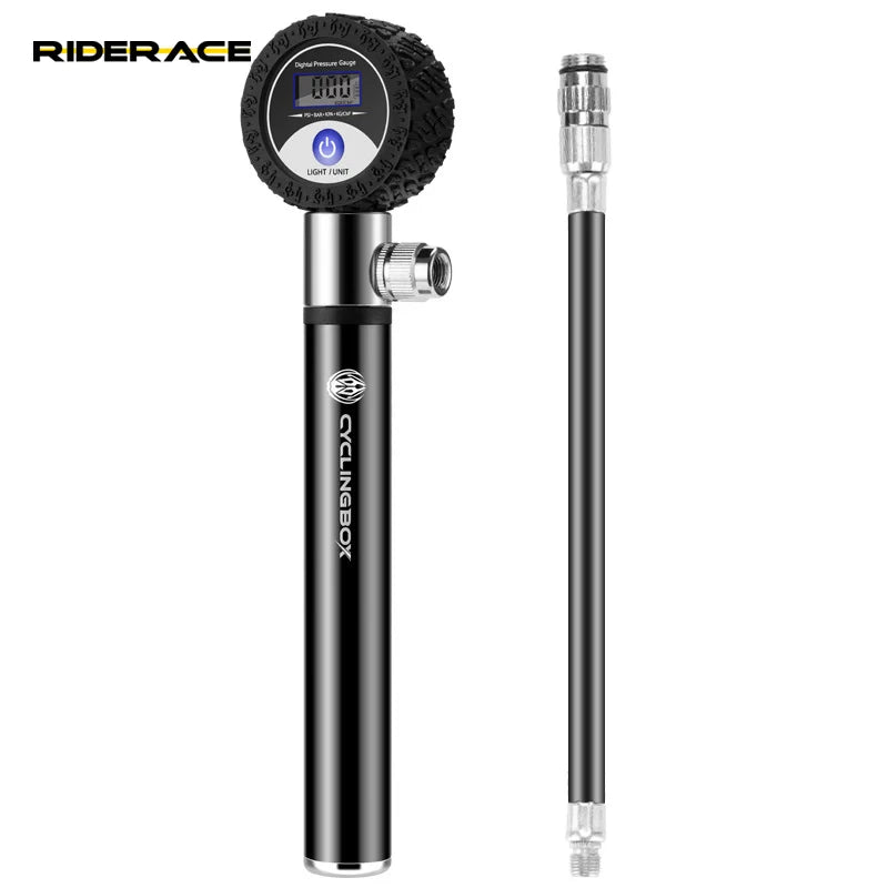 RIDERACE Cycling Pump Mini High Pressure Inflator LCD Digital Tire Pressure Dial Pump American French Adapter Bicycle Ball Pump