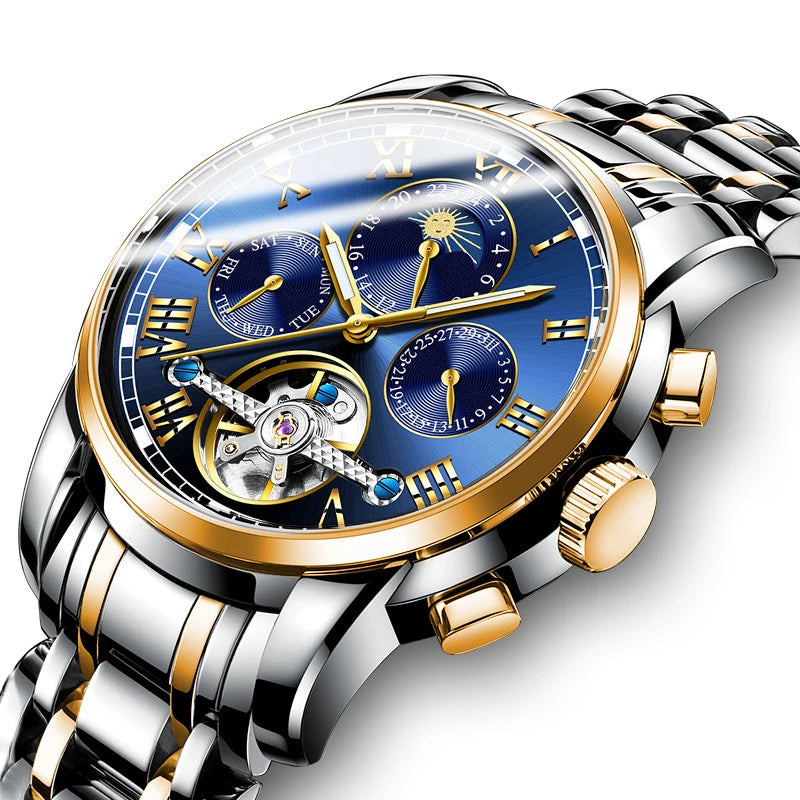 Luxury Men's Automatic Winder Watch 3ATM Water Resistant Stainless Steel Tourbillon Skeleton Mechanical Watches for Men