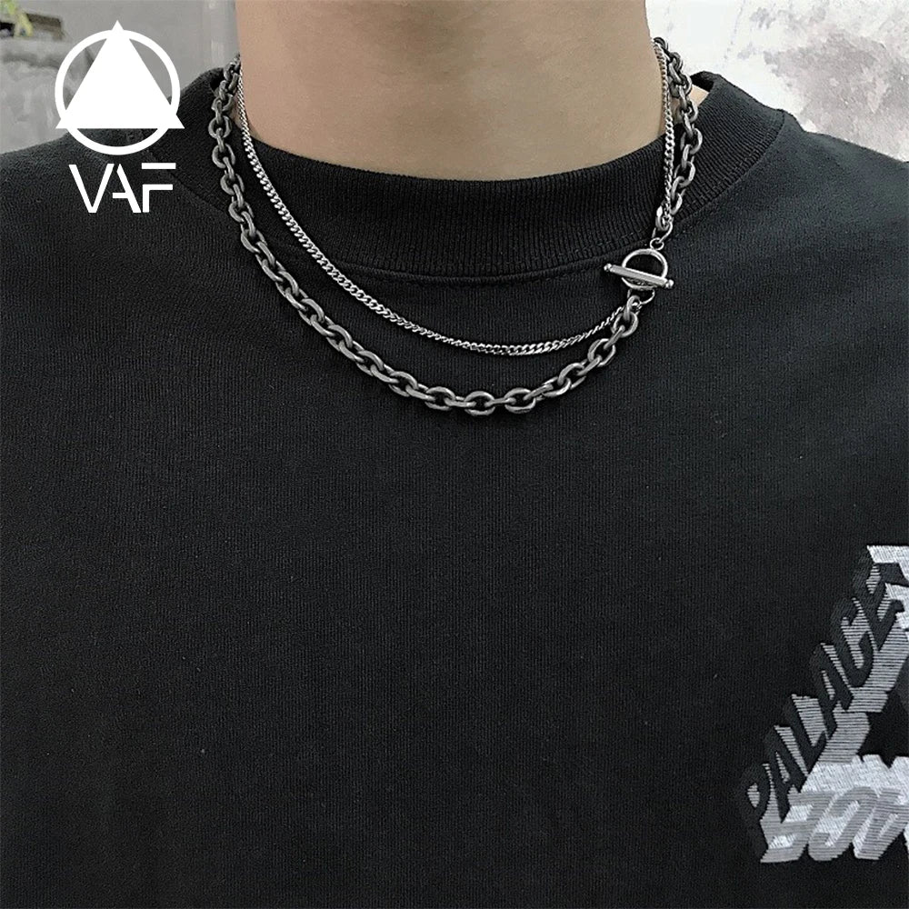VAF IO Multi Double Layer Dark Silver Necklace Stainless Steel Choker Chain Necklace for Men