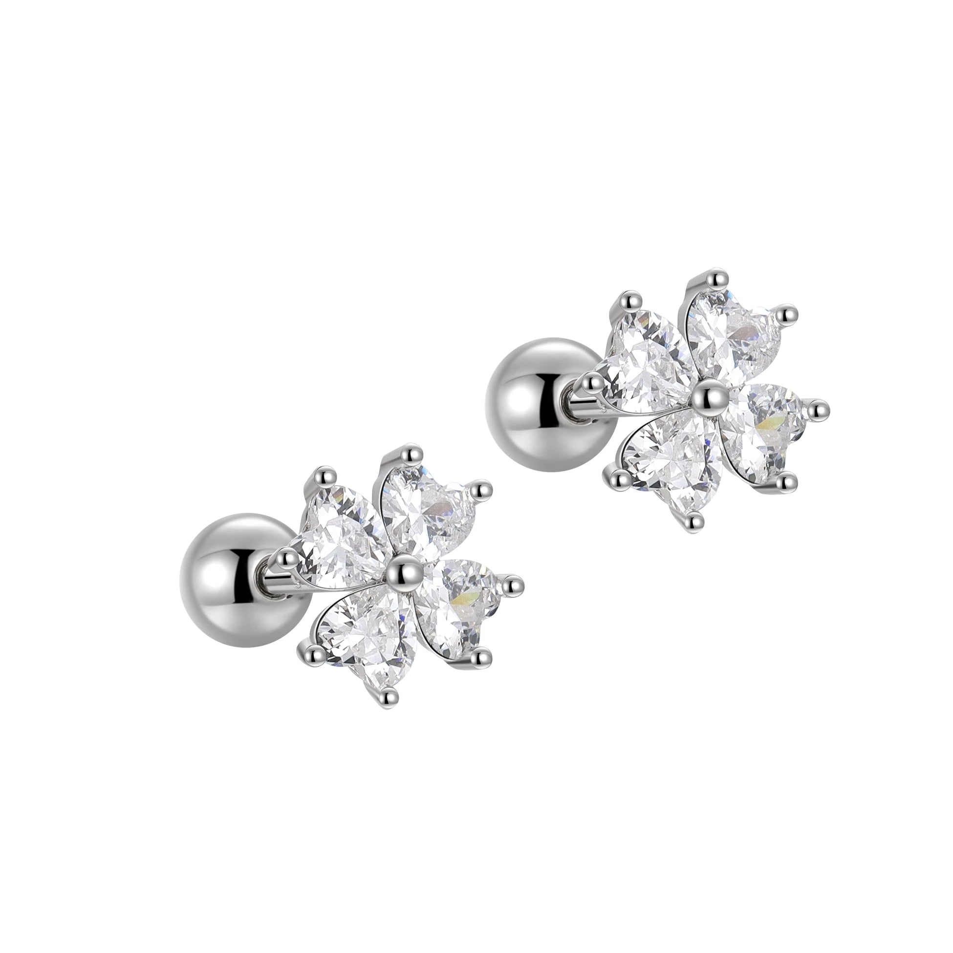 Fashion Designer Stud 925 Sterling Silver Four Leaf CZ Flower Heart Screw Back Earring Set for Women Fine Jewelry Wholesale