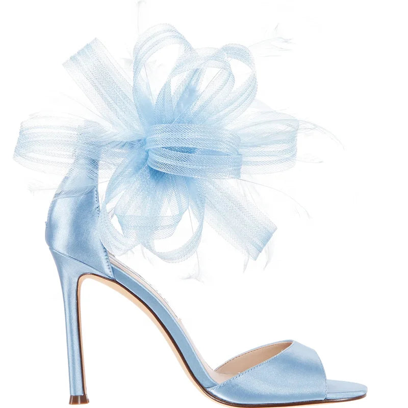 Fashion Feathers Satin Fabric Almond Toe Lady Shoes Women High Heel Sandals
