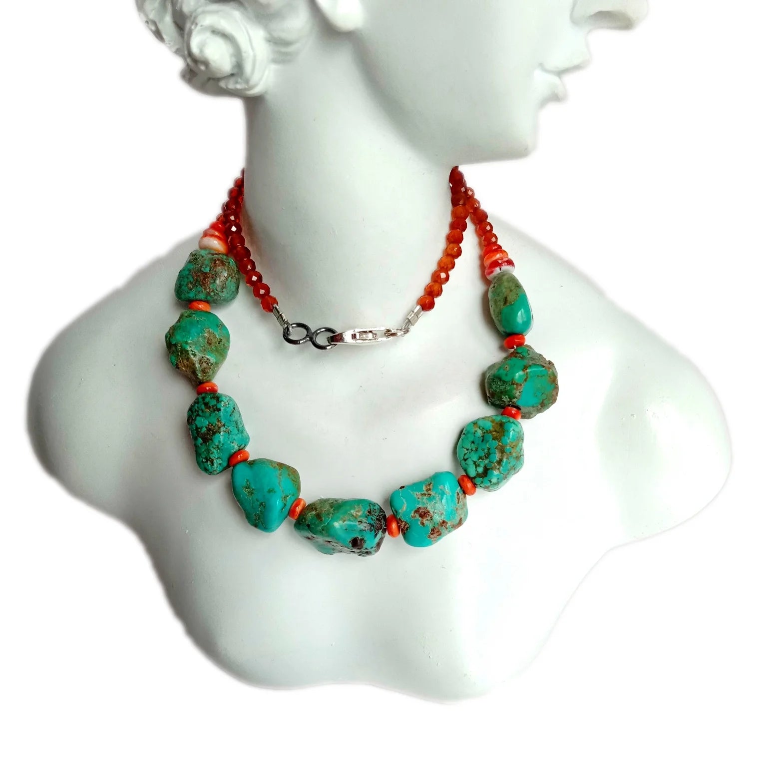 Natural Blue Turquoise Spiny Oyster Orange Mandarin Garnet 925 Sterling Silver Handmade Necklace