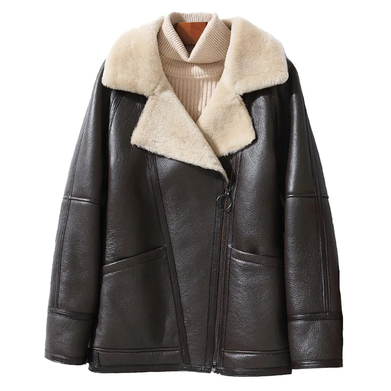 High Quality Genuine Sheepskin Leather Fur Jacket Women Shearling Jacket