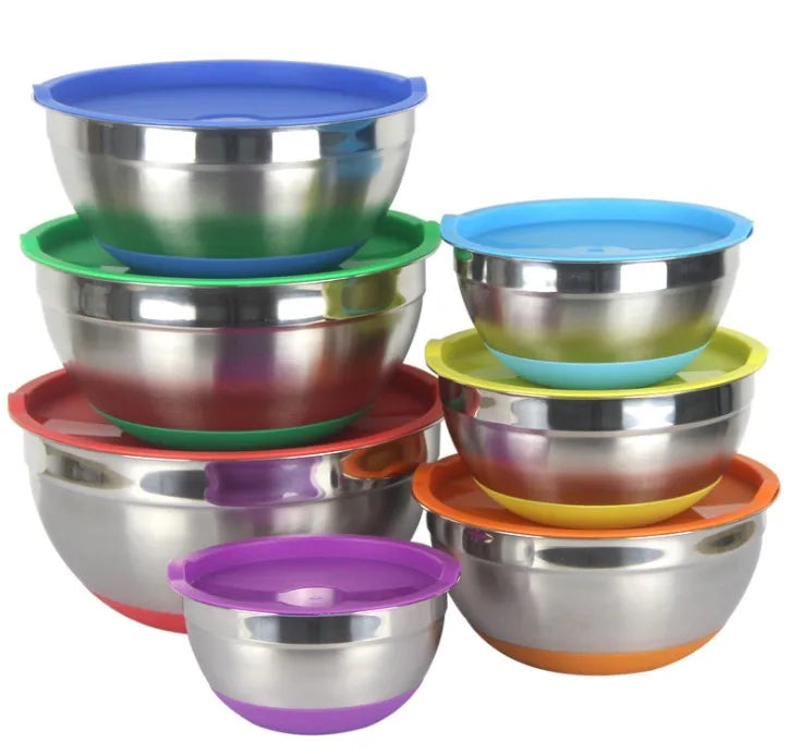 Polished Stainless Steel Salad Mixing Bowls with Airtight Lids and Colorful Non Slip Bottoms Eco-Friendly Novelty