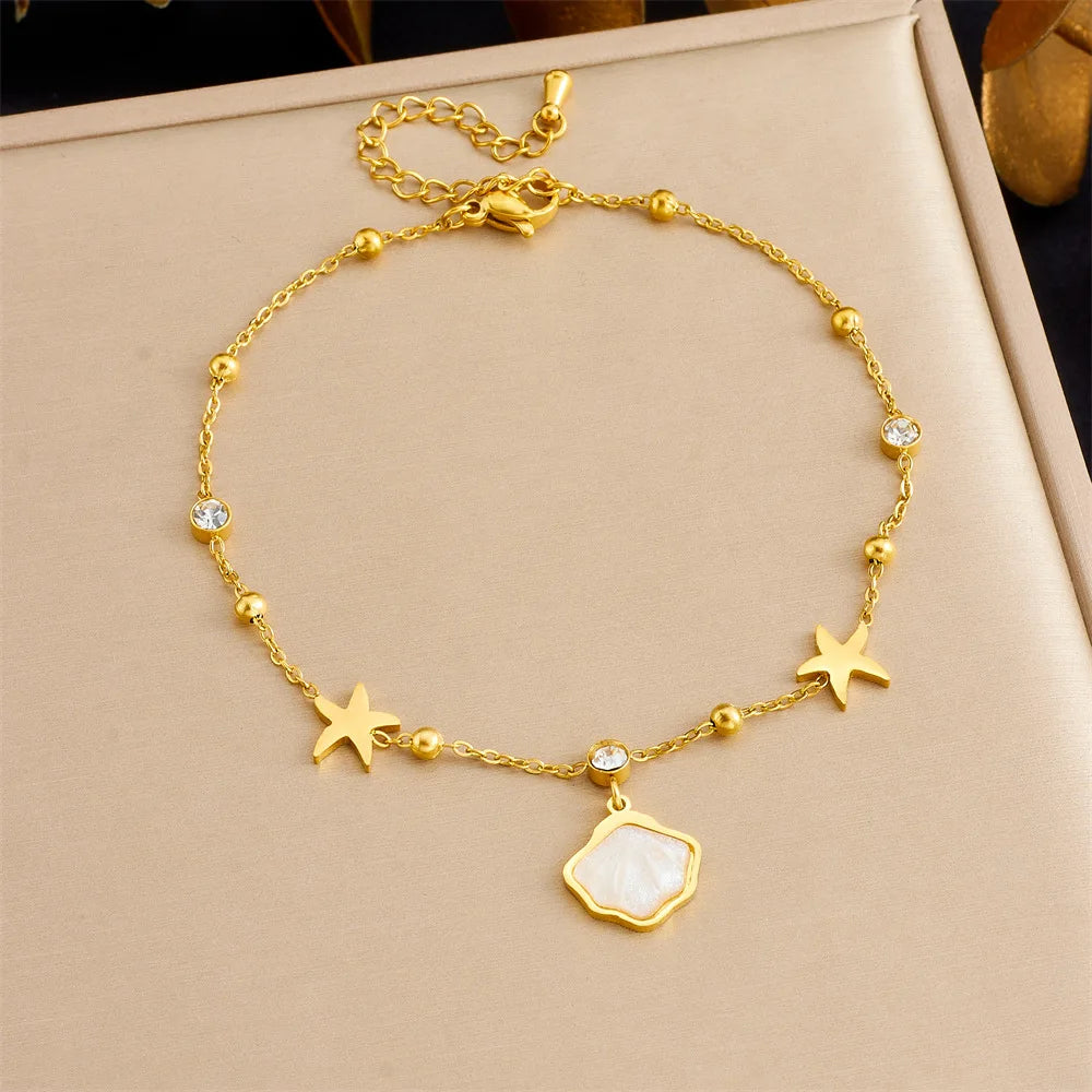 Simple Stainless Steel Anti Tarnish Chain Beach Anklet 18k Gold Plated Shell Charm Anklet for Women