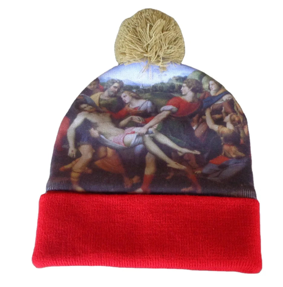 Custom Jacquard Knit Slouchy Winter Beanie Pom Full Animal Print Sublimation Durable Common Fabric Unisex Gray 100% Acrylic Hat