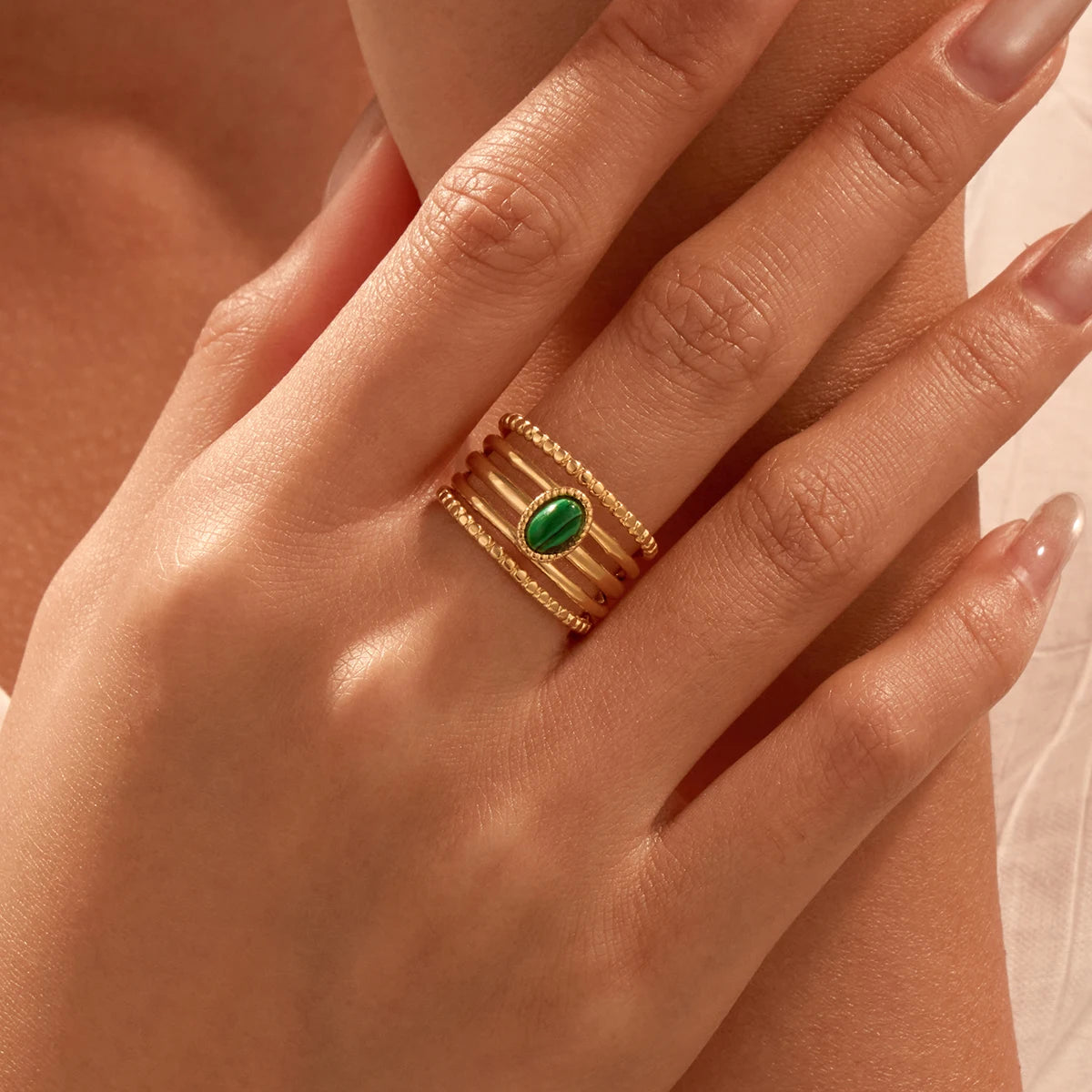 Fashion Open Adjustable Natural Stone Rings Women Statement Gold Plated Malachite Chunky Finger Rings Stainless Steel