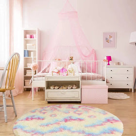 Soft Fluffy Modern PET Friendly Reversible Round Rainbow Plush Shaggy Carpet for Kids Room Decor