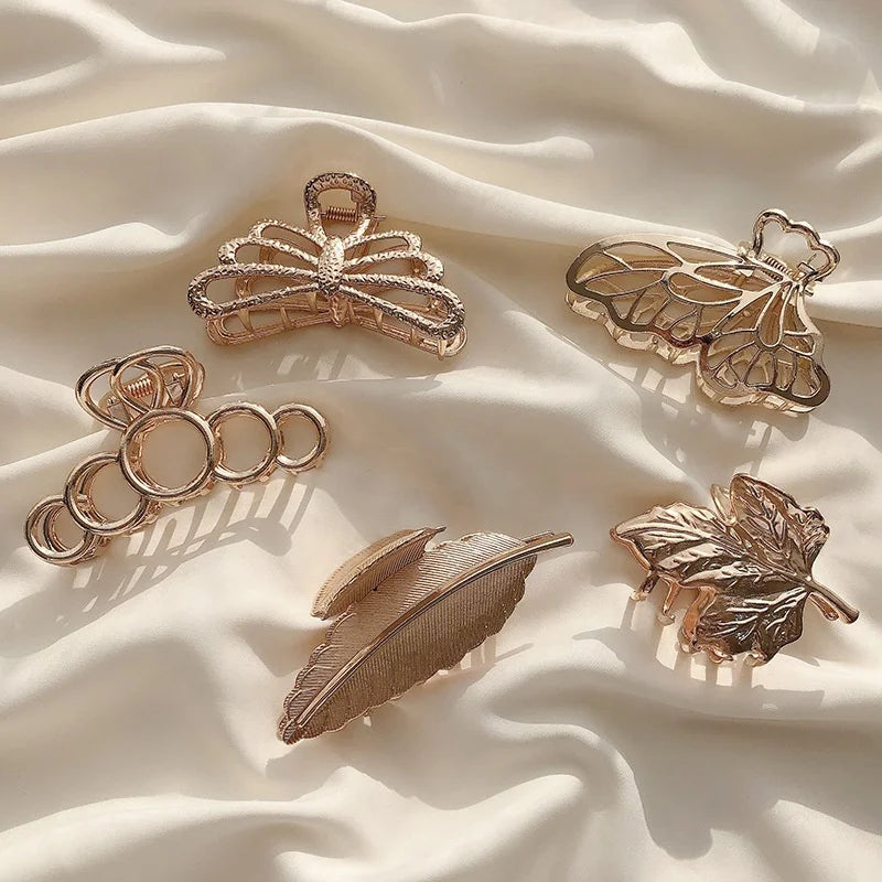 Designer Fancy Girls Big Gold Hair Clamp Accessories Quality Custom Fixed Metal Leaf butterfly Shape Hair Claw Clip for Women