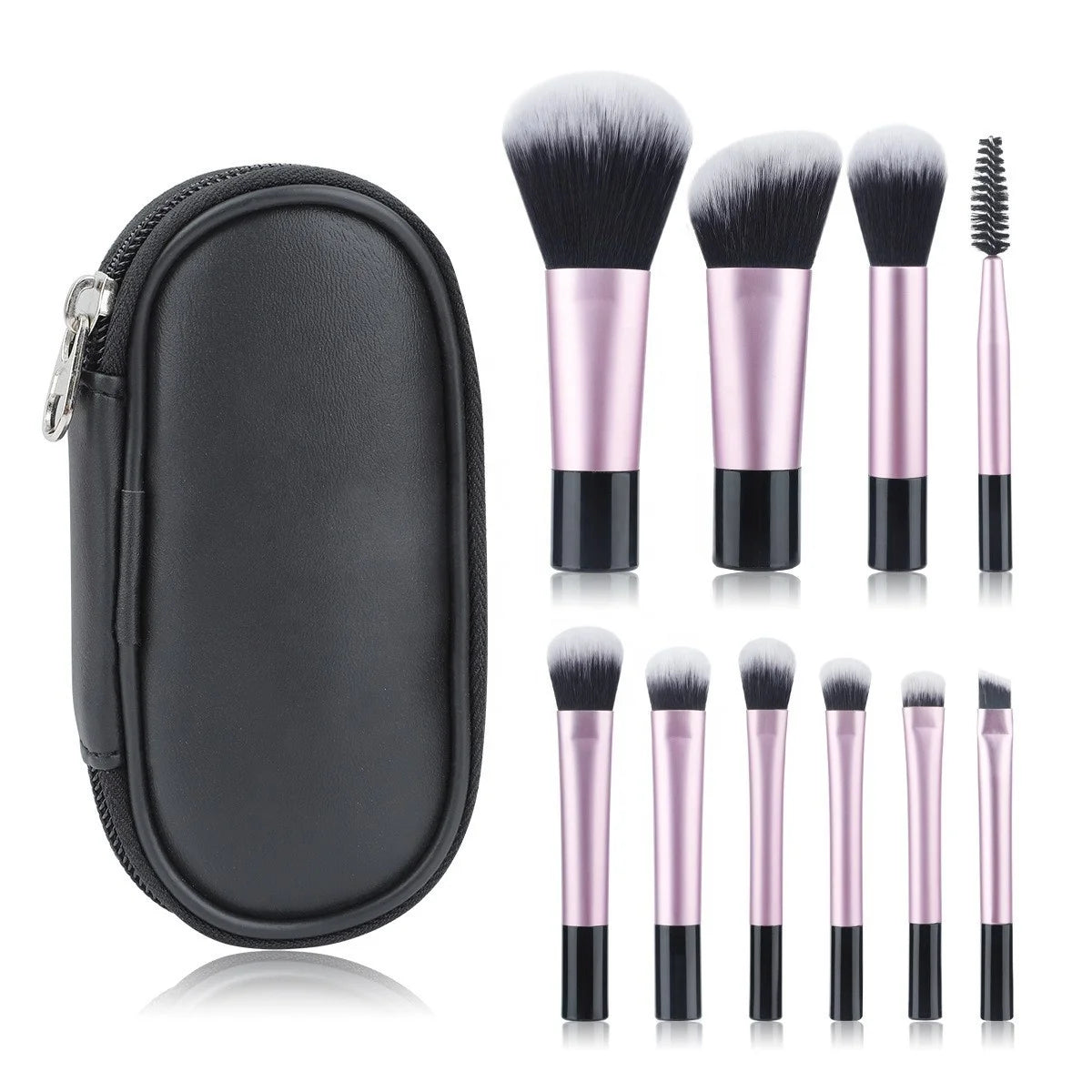 10pcs Travel Face Makeup Mini Brush Set with Fan Brush Foundation Eyeshadow Powder Blush Contour & Concealer Includes Makeup Bag