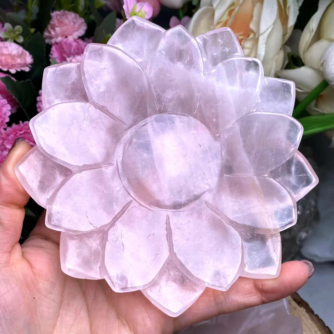 Natural Crystal Bowl Rose Quartz Bowl Wicca Healing Quartz Chakra Crystal Lotus Bowl for Decor