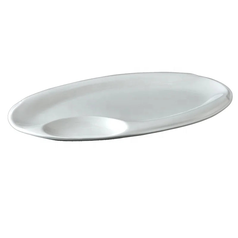 Restaurant Dinnerware 12 Inch Chip and Dip Serving White Melamine Oval Dinner Plate with Saucer