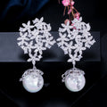 Luxury Big White Cubic Zirconia Stone Pave Long Dangle Drop Flowers Pearl Earrings Jewelry for Women Wedding Party Accessories