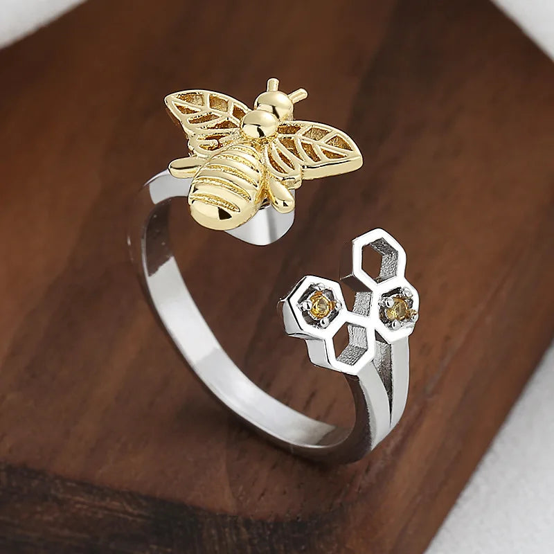 Rotatable Yellow Sunflower Bee Honeycomb Rotating Ring Fashion Jewelry Adjustable Spinner Spin Spinning Fidget Rings for Anxiety