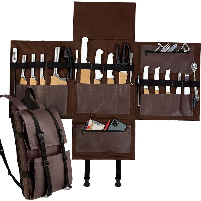 Chef Knife Bag Sturdy Genuine Leather Knife Bag Tool Storage Bag with Tablets & Notebooks Pocket Style