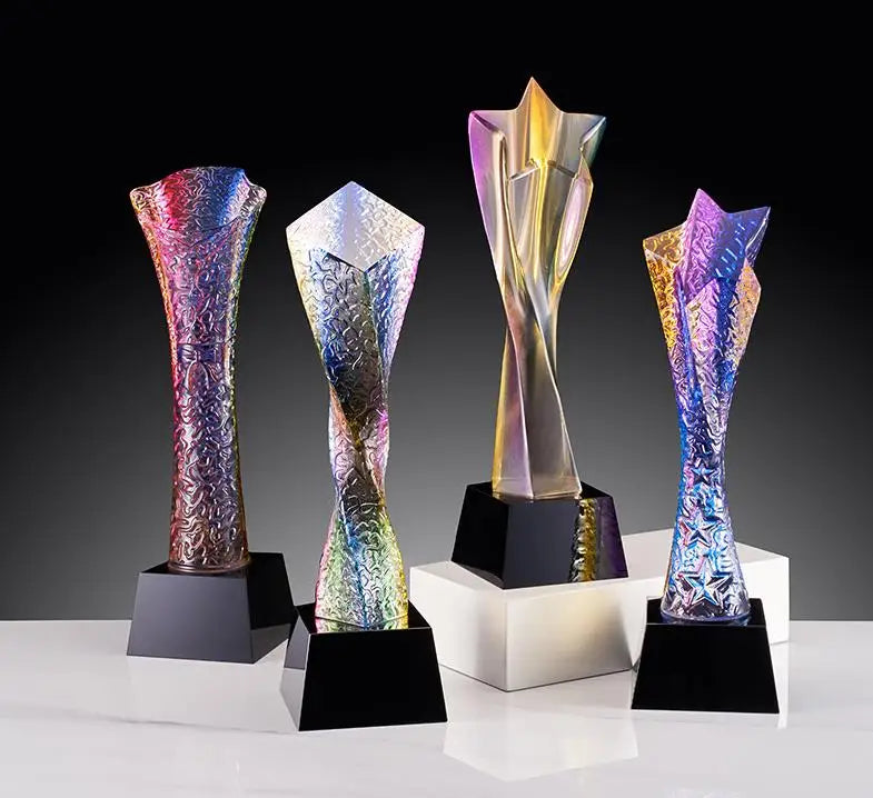 ADL High Quality Colorful Five Star Column Pillar Crystal Trophy / Optical Star Twist Column Crystal Award Trophy Medal