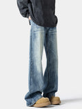 Custom Men's Loose Fit Straight Leg Jeans Classic Indigo Wash Distressed Abrasion Details Natural Fade Effect