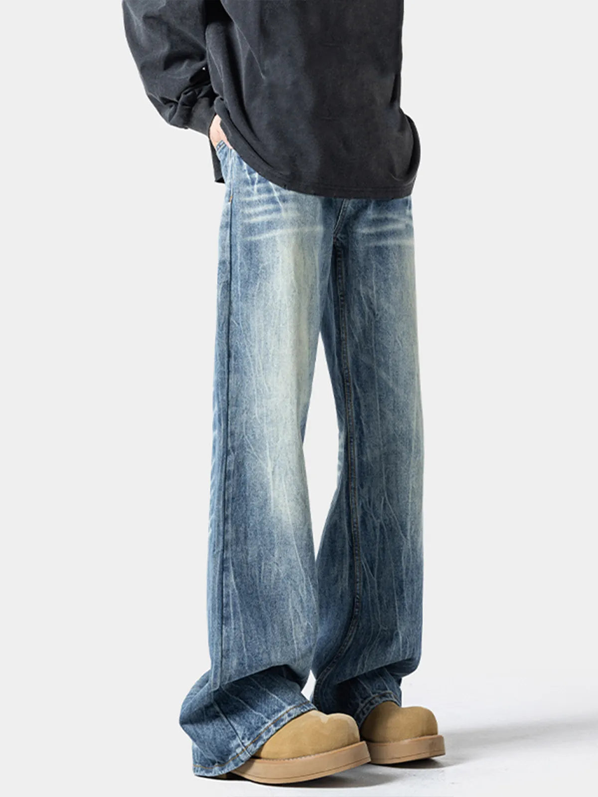 Custom Men's Loose Fit Straight Leg Jeans Classic Indigo Wash Distressed Abrasion Details Natural Fade Effect