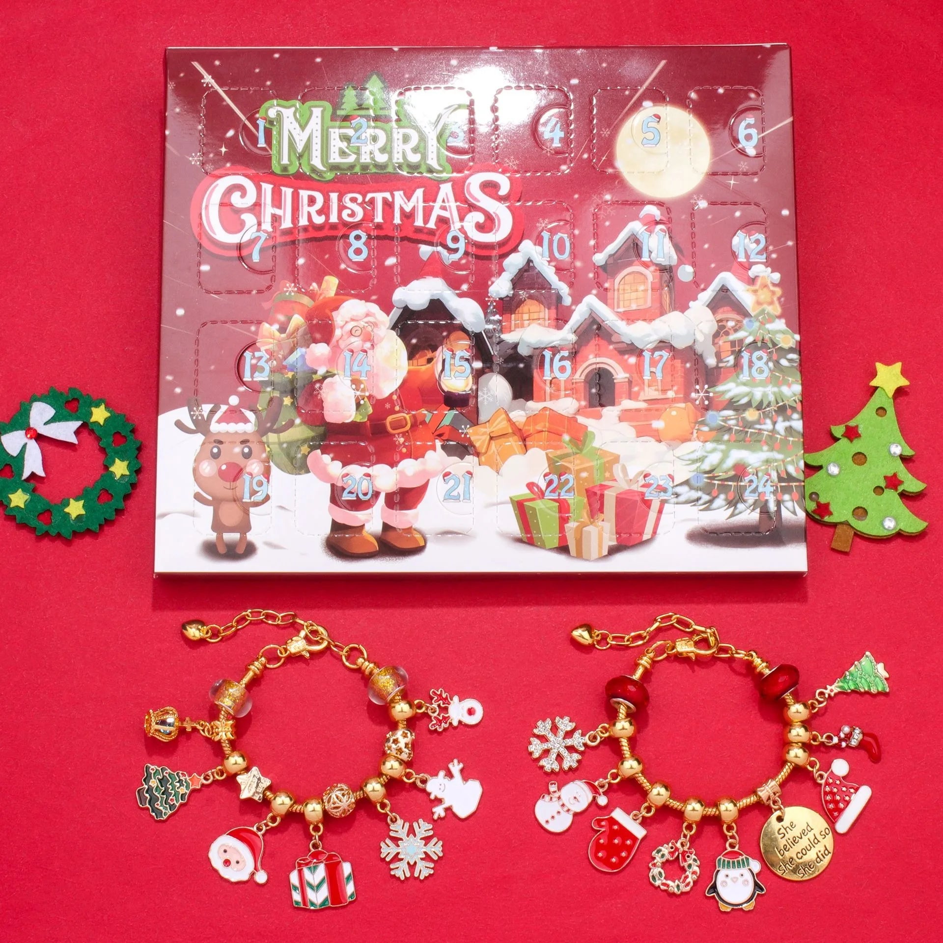 24 Grid Christmas Charm Bracelet Making Kit Gold Surprise Gift Santa Claus Christmas Tree for Girls Children's Wedding Jewelry