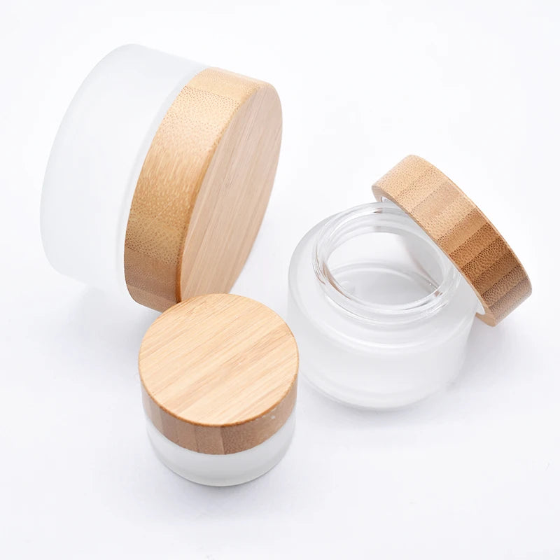15g Glass Cosmetics Jar with Natural Bamboo Lid Refillable Bottle Box for Face Cream & Lotion Storage Customizable Color