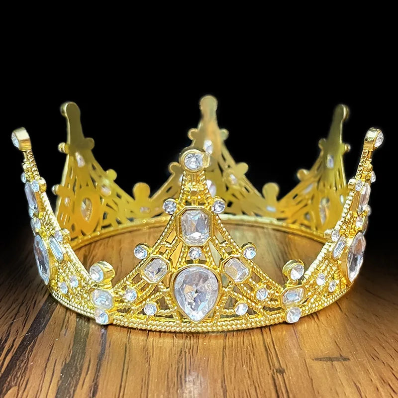 Women Rhinestone Tiaras Crystal Birthday Golden Baroque Small Cake Crown for Wedding Jewelry
